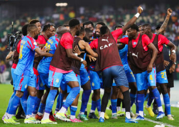 Fuka Arthur Masuaku Kawela of DR Congo celebrates goal with teammates during the 2023 Africa Cup of Nations quarterfinal match between DR Congo and Guinea at Alassane Ouattara Stadium in Abidjan, Cote dIvoire on 2 February 2024 - Photo by Icon Sport
