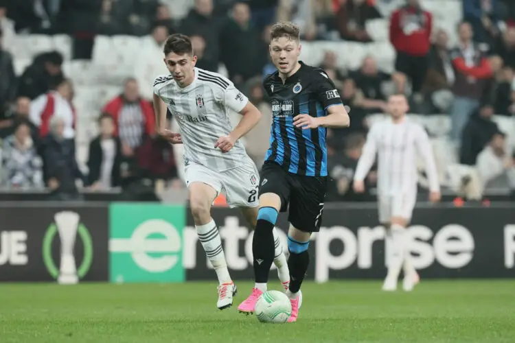 Besiktas' Emirhan Delibas and Club's Andreas Skov Olsen fight for the ball during a soccer game between Turkish Besiktas J.K. and Belgian Club Brugge KV, on day 5 of the group phase of the UEFA Conference League competition, in group D, Thursday 30 November 2023 in Istanbul, Turkey. BELGA PHOTO BRUNO FAHY - Photo by Icon sport