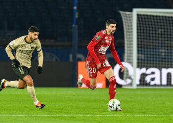 Pierre LEES-MELOU of Brest and Marco ASENSIO of Paris SG during the Ligue 1 Uber Eats match between Paris Saint-Germain Football and Stade Brestois 29 at Parc des Princes on January 28, 2024 in Paris, France. (Photo by Daniel Derajinski/Icon Sport)