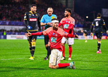 Matthieu MION of Rouen looks dejected during the French Cup match between Football Club de Rouen 1899 and Association Sportive de Monaco Football Club at Stade Robert Diochon on February 8, 2024 in Rouen, France. (Photo by Daniel Derajinski/Icon Sport)