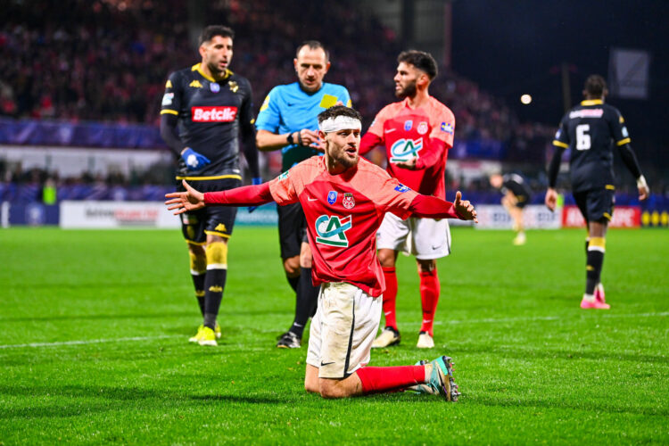 Matthieu MION of Rouen looks dejected during the French Cup match between Football Club de Rouen 1899 and Association Sportive de Monaco Football Club at Stade Robert Diochon on February 8, 2024 in Rouen, France. (Photo by Daniel Derajinski/Icon Sport)