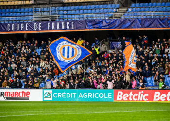 Fans of Montpellier during the French Cup match between Montpellier Herault Sport Club and Olympique Gymnaste Club Nice at Stade de la Mosson on February 7, 2024 in Montpellier, France. (Photo by Alexandre Dimou/Icon Sport)