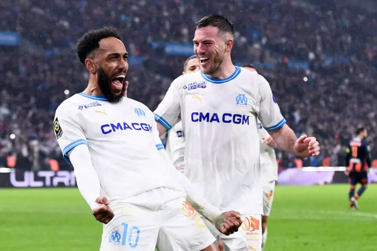 27 Jordan VERETOUT (om) - 10 Pierre-Emerick AUBAMEYANG (om) during the Ligue 1 Uber Eats match between Olympique de Marseille and Montpellier Herault Sport Club at Orange Velodrome on February 25, 2024 in Marseille, France. (Photo by Philippe Lecoeur/FEP/Icon Sport)