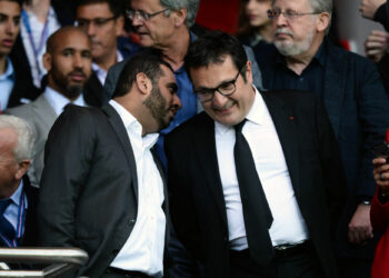 Yousef Al Obaidly, president of beIN Sport France and Didier Quillot executive general manager of LFP during the football french Ligue 1 match between Paris Saint-Germain and FC Nantes at Parc des Princes on May 14, 2016 in Paris, France. (Photo by Nolwenn Le Gouic/Icon Sport)