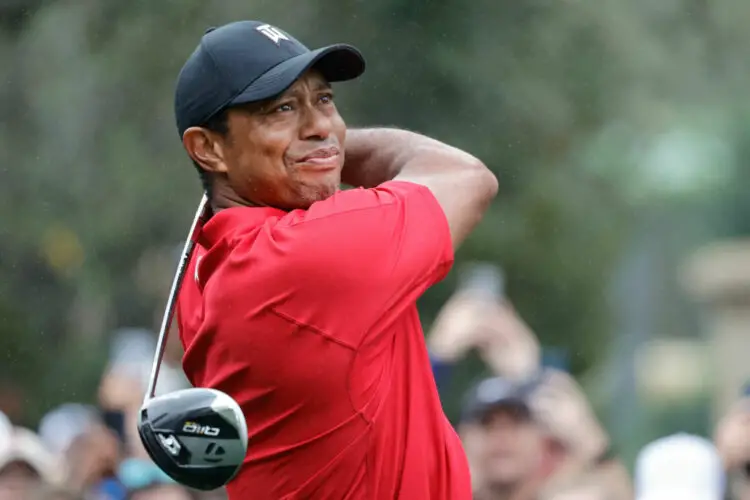 Dec 17, 2023; Orlando, Florida, USA; Tiger Woods plays his shot from the first tee during the PNC Championship at The Ritz-Carlton Golf Club. Mandatory Credit: Reinhold Matay-USA TODAY Sports/Sipa USA - Photo by Icon sport