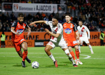 12 Yasser BALDE (slmfc) - 06 Sam SANNA (slmfc) - 26 Tim JABOL FOLCARELLI (aca) during the Ligue 2 BKT match between Stade Lavallois Mayenne Football Club and Athletic Club Ajaccien at Stade Francis-Le Basser on February 17, 2024 in Laval, France. (Photo by Loic Baratoux/FEP/Icon Sport)