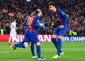 Gerard Pique of FC Barcelona congratulates Lionel Messi after scoring goal, with Neymar da Silva Santos, during the UEFA Champions League match, Round of 16, second-leg between FC Barcelona and PSG, played at the Camp Nou stadium, Barcelona, Spain on 08th March of 2017 -------------------- Bagu Blanco / BPI / Icon Sport Football - UEFA Champions League 2016/17 Round Of 16 Second Leg Barcelona v Paris Saint Germain Camp Nou, Barcelona, Spain 08 March 2017  -   - Photo by Icon Sport