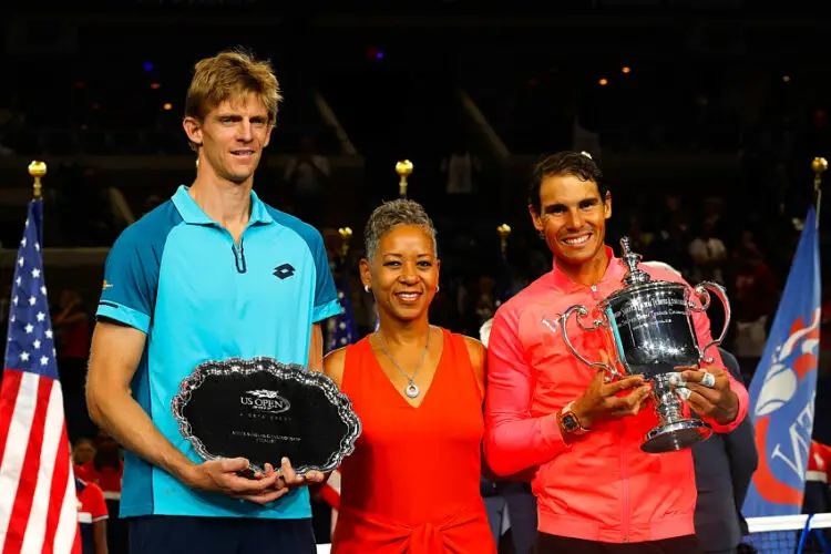 Kevin Anderson of South Africa and Rafael Nadal of Spain with USTA President Katrina Adams (C) after the Men's Final on day 14 of the Us Open 2017 at USTA Billie Jean King National Tennis Center on September 10, 2017 in New York City. (Photo by Marek Janikowski/Icon Sport)   - Photo by Icon Sport