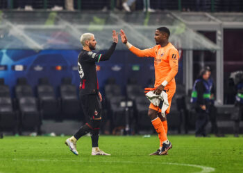 Theo HERNANDEZ and Mike MAIGNAN of Milan celebrates the victory after the UEFA Champions League Quarter Final, first leg match between AC Milan and Napoli at Giuseppe Meazza Stadium on April 12, 2023 in Milan, Italy. (Photo by Johnny Fidelin/Icon Sport)   - Photo by Icon Sport