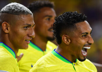 (230909) -- BELEM, Sept. 9, 2023 (Xinhua) -- Brazil's Richarlison (L) and Marquinhos (R) celebrate during the 2026 World Cup qualifier match between Brazil and Bolivia at the Olympic Stadium of Para in Belem, capital of the State of Para, Brazil, on Sept. 8, 2023. (Photo by Lucio Tavora/Xinhua) - Photo by Icon sport   - Photo by Icon Sport
