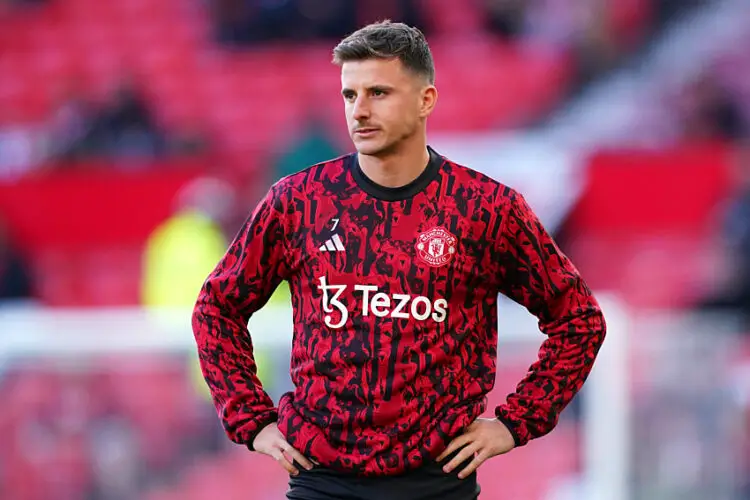 Manchester United's Mason Mount warming up prior to kick-off during the Premier League match at Old Trafford, Manchester. Picture date: Saturday November 11, 2023. - Photo by Icon sport   - Photo by Icon Sport