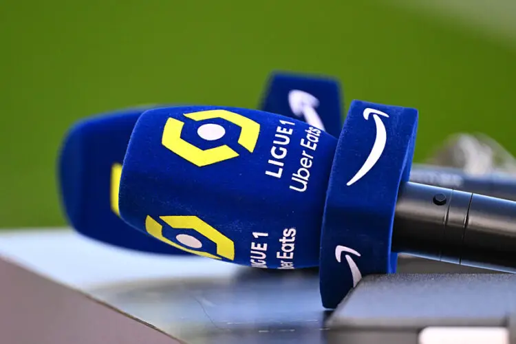 Illustration picture shows Ligue 1 uber eats logo on the micro before the Ligue 1 Uber Eats match between Football Club de Nantes and Clermont Foot 63 at Stade de la Beaujoire on January 14, 2024 in Nantes, France. (Photo by Anthony Dibon/Icon Sport)   - Photo by Icon Sport