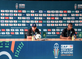 Jean Louis Gasset, head coach of Cote dIvoire and Obite Evan Ndicka of Cote dIvoire during the 2023 Africa Cup of Nations press conference for Cote dIvoire at the Media Centre in Abidjan, Cote dIvoire on 21 January 2024 - Photo by Icon Sport   - Photo by Icon Sport