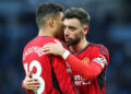3rd March 2024;  Etihad Stadium, Manchester, England; Premier League Football, Manchester City versus Manchester United; Casemiro of Manchester United speaks to captain Bruno Fernandes at full time Photo by Icon Sport   - Photo by Icon Sport