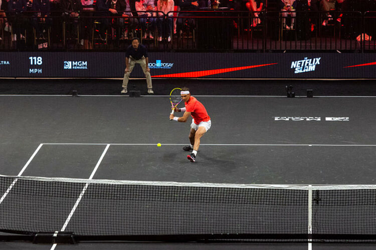 Rafael Nadal in action during The Netflix Slam at Michelob ULTRA Arena at Mandalay Bay Resort and Casino in Las Vagas, Nevada on Sunday, March 3rd, 2024. (Travis P Ball/Sipa USA)   - Photo by Icon Sport