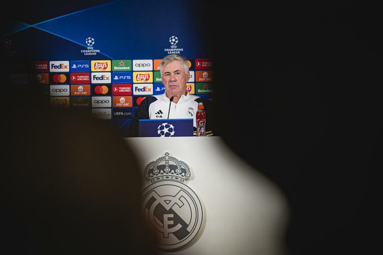 Carlo Ancelotti, coach of Real Madrid speaks during the press conference of the day before the second leg of the round of 16 football match of Champions League against RB Leipzig at Ciudad Real Madrid in Valdebebas, Madrid.   - Photo by Icon Sport