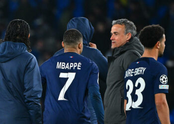 Kylian MBAPPE of PSG and Luis ENRIQUE head coach of PSG during the UEFA Champions League match between Real Sociedad de Futbol and Paris Saint-Germain Football Club at Estadio Anoeta on March 5, 2024 in San Sebastian, Spain.(Photo by Anthony Dibon/Icon Sport)   - Photo by Icon Sport