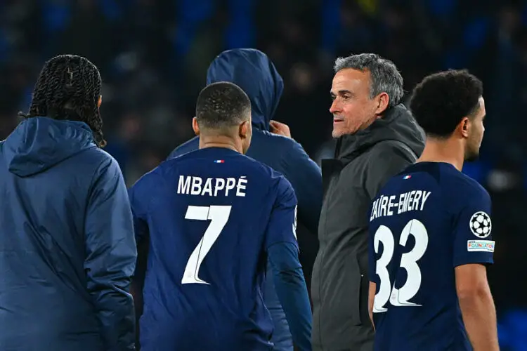 Kylian MBAPPE of PSG and Luis ENRIQUE head coach of PSG during the UEFA Champions League match between Real Sociedad de Futbol and Paris Saint-Germain Football Club at Estadio Anoeta on March 5, 2024 in San Sebastian, Spain.(Photo by Anthony Dibon/Icon Sport)   - Photo by Icon Sport