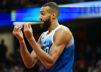 Mar 8, 2024; Cleveland, Ohio, USA;  Minnesota Timberwolves center Rudy Gobert (27) reacts after fouling out during the second half against the Cleveland Cavaliers at Rocket Mortgage FieldHouse. Mandatory Credit: Ken Blaze-USA TODAY Sports/Sipa USA   - Photo by Icon Sport