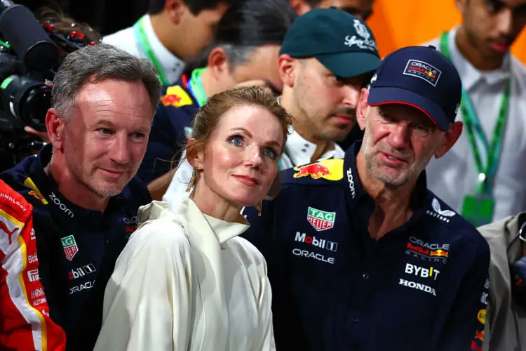 (L to R): Christian Horner (GBR) Red Bull Racing Team Principal with wife Geri Horner (GBR) Singer and Adrian Newey (GBR) Red Bull Racing Chief Technical Officer in parc ferme.  09.03.2024. Formula 1 World Championship, Rd 2, Saudi Arabian Grand Prix, Jeddah, Saudi Arabia, Race Day.   - www.xpbimages.com, EMail: requests@xpbimages.com © Copyright: Coates / XPB Images   - Photo by Icon Sport