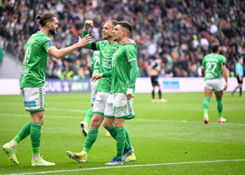11 Irvin CARDONA (asse) - 19 Leo PETROT (asse) - 18 Mathieu CAFARO (asse) during the Ligue 2 BKT match between Saint-Etienne and Auxerre on March 9, 2024 in Saint-Etienne, France.(Photo by Anthony Bibard/FEP/Icon Sport)   - Photo by Icon Sport