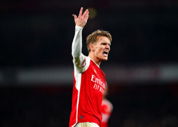 Arsenal's Martin Odegaard encourages his team-mates and fans during the Premier League match at the Emirates Stadium, London. Picture date: Saturday March 9, 2024.   - Photo by Icon Sport