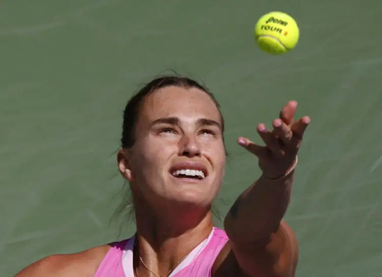 March 11, 2024  Aryna Sabalenka serves against Emma Raducanu of Great Britain during the BNP Paribas Open in Indian Wells, CA. Charles Baus/CSM/Sipa USA (Credit Image: © Charles Baus/Cal Sport Media/Sipa USA)   - Photo by Icon Sport