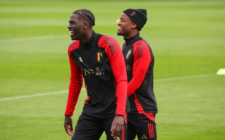 Belgium's Amadou Onana and Belgium's Michy Batshuayi pictured during a training session of Belgian national soccer team Red Devils, at the Royal Belgian Football Association's training center in Tubize, Friday 22 March 2024. On Saturday, the Red Devils play a friendly game against Ireland, part of the preparations for the Euro 2024.  BELGA PHOTO VIRGINIE LEFOUR    Photo by Icon Sport   - Photo by Icon Sport