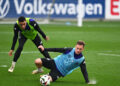 19 March 2024, Hesse, Frankfurt/Main: Soccer: National team, before the international match against France, training, DFB Campus. National team players Jamal Musiala (l) and Joshua Kimmich take part in training. Photo: Arne Dedert/dpa Photo by Icon Sport   - Photo by Icon Sport