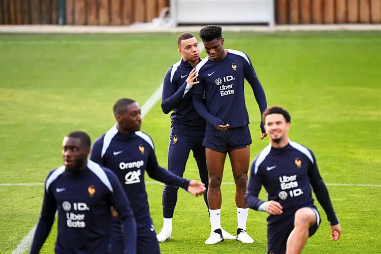 10 Kylian MBAPPE (fra) - 08 Aurelien TCHOUAMENI (fra) during the training session of France team at Centre National du Football on March 20, 2024 in Clairefontaine, France.(Photo by Anthony Bibard/FEP/Icon Sport)   - Photo by Icon Sport