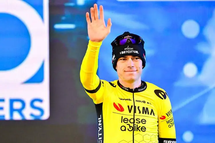 Belgian Wout van Aert of Team Visma-Lease a Bike pictured on the podium after the 'E3 Saxo Bank Classic' one day cycling race, 207km from and to Harelbeke, Friday 22 March 2024. BELGA PHOTO DIRK WAEM Photo by Icon Sport   - Photo by Icon Sport