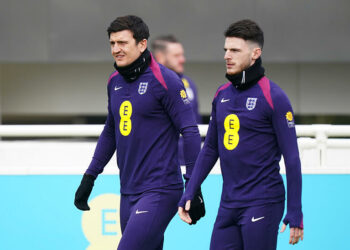 Harry Maguire et Declan Rice avec l'Angleterre à l'entraînement  - Photo by Icon Sport