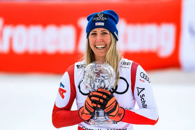 SAALBACH,AUSTRIA,23.MAR.24 - ALPINE SKIING - FIS World Cup Final, downhill, ladies. Image shows Cornelia Huetter (AUT). Keywords: crystal globe. Photo: GEPA pictures/ Mario Buehner-Weinrauch   Photo by Icon Sport   - Photo by Icon Sport