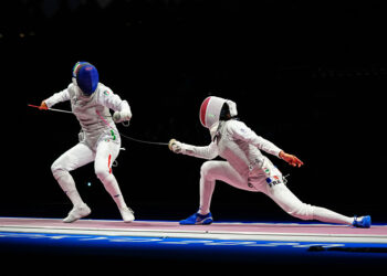 Arianna ERIGO of Italy vs Ysaora THIBUS of France during the Women's foil fencing by team at Makuhari Messe Hall A on July 29, 2021 in Tokyo, Japan. (Photo by Pierre Costabadie/Icon Sport)   - Photo by Icon Sport
