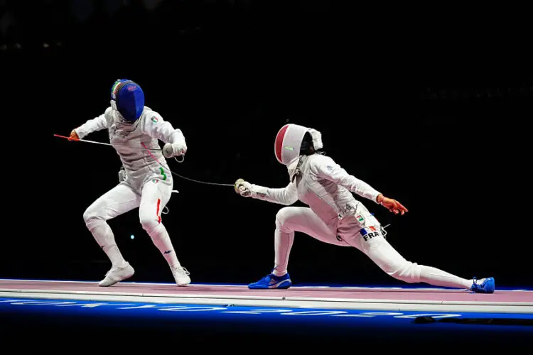 Arianna ERIGO of Italy vs Ysaora THIBUS of France during the Women's foil fencing by team at Makuhari Messe Hall A on July 29, 2021 in Tokyo, Japan. (Photo by Pierre Costabadie/Icon Sport)   - Photo by Icon Sport