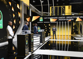 Rainford Kalaba, Khaled Nassar. Head of Competitions at Confederation of African and Hlompho Kekana help conduct the Draw during the CAF Champions League 2023/24 Group Stage Draw at Supersport Studios in Johannesburg on the 06 October 2023 - Photo by Icon sport   - Photo by Icon Sport