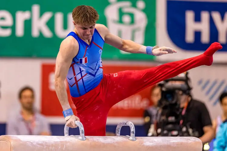 24 February 2024, Brandenburg, Cottbus: Gymnastics: World Cup, men: floor, final in the Lausitz Arena. Benjamin Osberger from France in action. Photo: Frank Hammerschmidt/dpa - Photo by Icon Sport   - Photo by Icon Sport