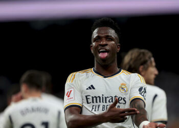 Madrid, Kingdom of Spain; 03.10.2024.- Vinicius Jr. Real Madrid player celebrates with his teammates the scoring of his first goal. Real Madrid beats Celta de Vigo 4-0. Real Madrid scores 4 goals Vinicius Jr 21', Vicente Guaita 79' (own goal), Carlos Dominguez Caseres 88' (own goal) and Arda Guler +4'. On matchday 28 of the Spanish soccer league at the Santiago Bernabeu Stadium in Madrid. Photo: Juan Carlos Rojas   Photo by Icon Sport   - Photo by Icon Sport