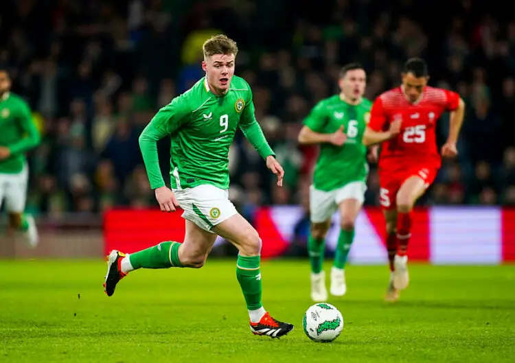 Republic of Ireland's Evan Ferguson controls the ball during a international friendly match at the Aviva Stadium, Dublin. Picture date: Tuesday March 26, 2024.   Photo by Icon Sport   - Photo by Icon Sport