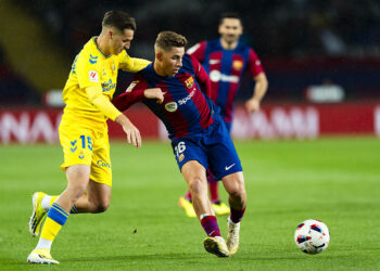 Fermin (FC Barcelona) duels for the ball against Mika Marmol (UD Las Palmas) during La Liga football match between FC Barcelona and UD Las Palmas, at Lluis Companys Stadium in Barcelona, Spain, on March 30, 2024. Foto: Siu Wu.   - Photo by Icon Sport