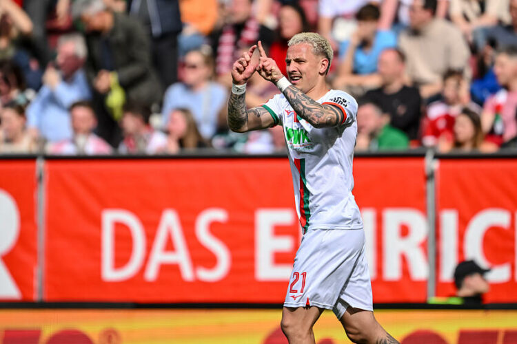 31 March 2024, Bavaria, Augsburg: Soccer: Bundesliga, FC Augsburg - 1. FC Köln, Matchday 27, WWK-Arena. Augsburg's Phillip Tietz gesticulates. Photo: Harry Langer/dpa - IMPORTANT NOTE: In accordance with the regulations of the DFL German Football League and the DFB German Football Association, it is prohibited to utilize or have utilized photographs taken in the stadium and/or of the match in the form of sequential images and/or video-like photo series. Photo by Icon sport   - Photo by Icon Sport