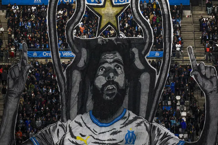 Fans Marseille with tifo Redouane BOUGHERABA during the Ligue 1 Uber Eats match between Marseille and Paris Saint-Germain at Oragne Velodrome, Marseille on March 31, 2024 in Marseille, France.(Photo by Johnny Fidelin/Icon Sport)   - Photo by Icon Sport