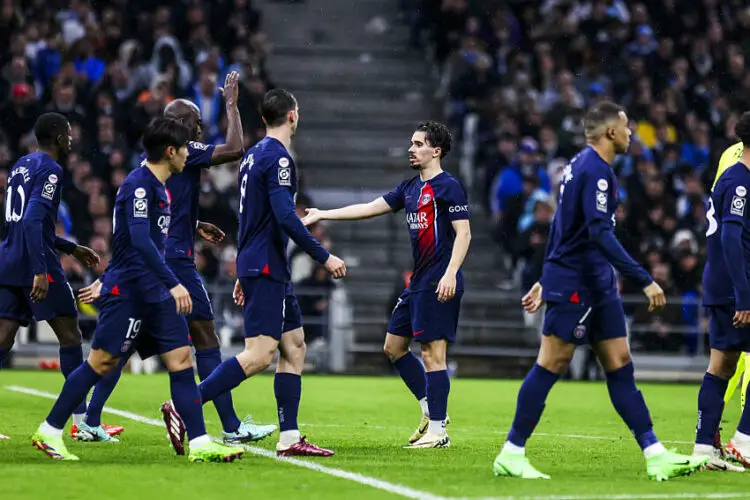 VITINHA of PSG celebrates his goal during the Ligue 1 Uber Eats match between Marseille and Paris Saint-Germain at Oragne Velodrome, Marseille on March 31, 2024 in Marseille, France.(Photo by Johnny Fidelin/Icon Sport)   - Photo by Icon Sport