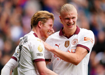 Manchester City's Kevin De Bruyne (left) celebrates with Erling Haaland after scoring their fourth goal of the game during the Premier League match at Selhurst Park, London. Picture date: Saturday April 6, 2024.   - Photo by Icon Sport