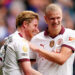 Manchester City's Kevin De Bruyne (left) celebrates with Erling Haaland after scoring their fourth goal of the game during the Premier League match at Selhurst Park, London. Picture date: Saturday April 6, 2024.   - Photo by Icon Sport