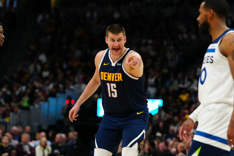 Apr 10, 2024; Denver, Colorado, USA; Denver Nuggets center Nikola Jokic (15) calls out in the second half against the Minnesota Timberwolves at Ball Arena. Mandatory Credit: Ron Chenoy-USA TODAY Sports/Sipa USA   - Photo by Icon Sport