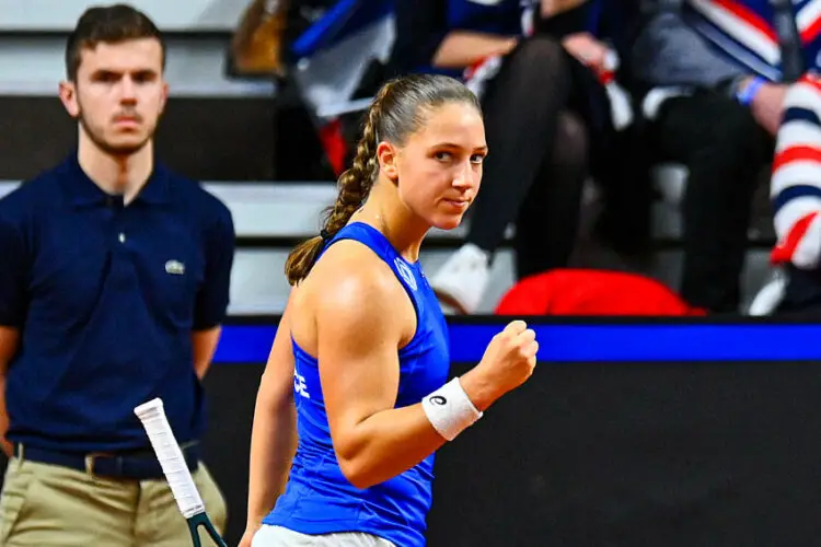 Diane PARRY of France celebrates during the Billie Jean King Cup match between France and Great Britain at Chaudron on April 12, 2024 in Le Portel, France.(Photo by Daniel Derajinski/Icon Sport)   - Photo by Icon Sport