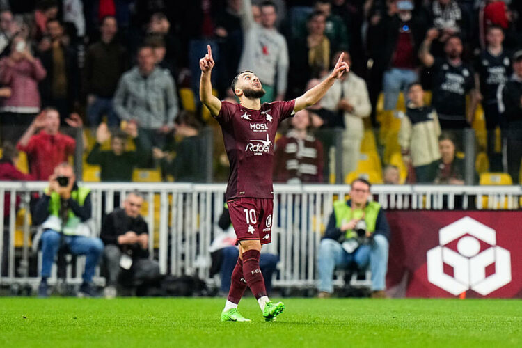 Georges MIKAUTADZE of Metz celebrates his goal during the Ligue 1 Uber Eats match betwen Metz and Lens at Stade Saint-Symphorien on April 12, 2024 in Metz, France.(Photo by Hugo Pfeiffer/Icon Sport)   - Photo by Icon Sport