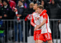 Leroy Sane félicite Joshua Kimmich  - Le but de ce dernier envoie le Bayern Munich en demi-finale de la C1 - Photo by Icon Sport
