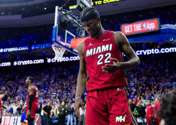 Apr 17, 2024; Philadelphia, Pennsylvania, USA; Miami Heat forward Jimmy Butler (22) reacts after a collision during the fourth quarter against the Philadelphia 76ers in a play-in game of the 2024 NBA playoffs at Wells Fargo Center. Mandatory Credit: Bill Streicher-USA TODAY Sports/Sipa USA   - Photo by Icon Sport